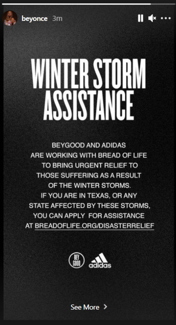Beyonce provides relief for winter storms in Texas