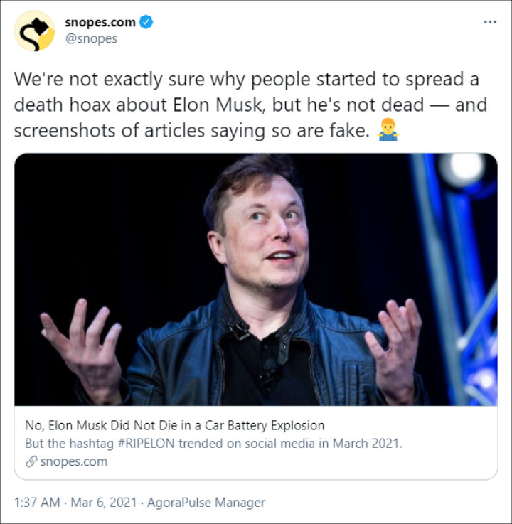Snopes set the record straight regarding death rumors of Elon Musk