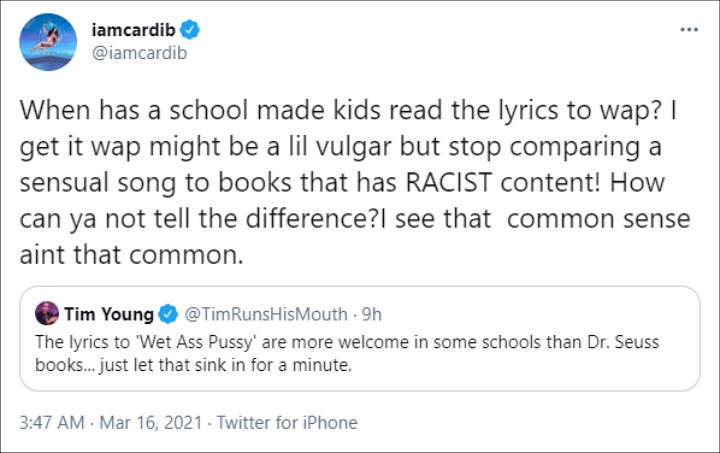 Cardi B clapped back at Tim Young for the shady tweet