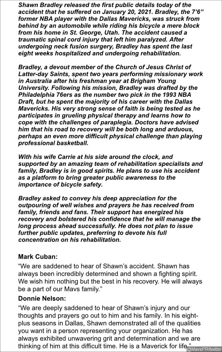 Dallas Mavericks' Statement on Shawn Bradley