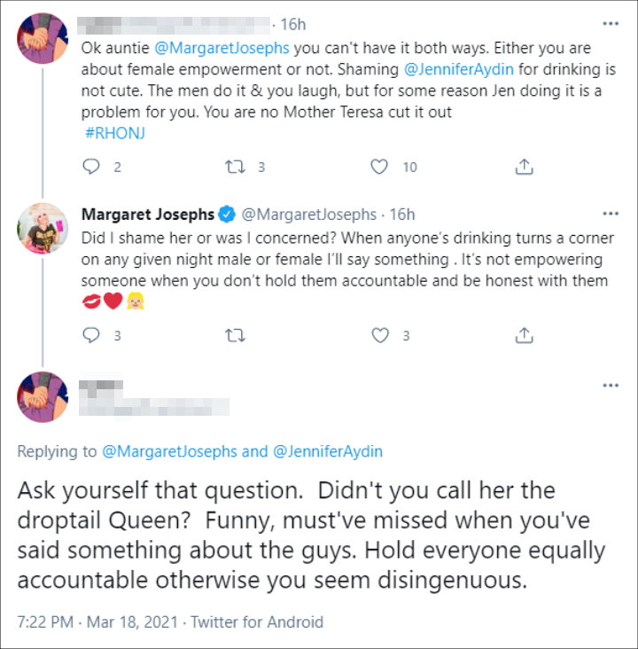 Margaret Josephs denied shaming Jennifer Aydin for her drinking problem