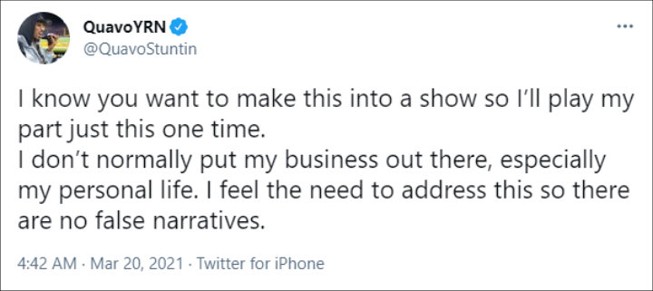 Quavo's Tweet