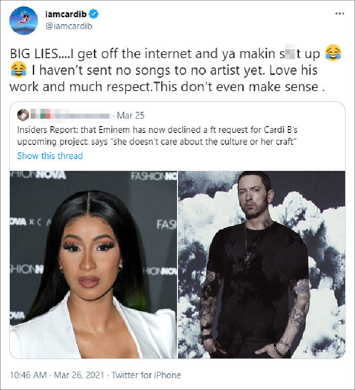 Cardi B Dubs Rumors That Eminem Declines Her Collaboration Request 'Big Lies '