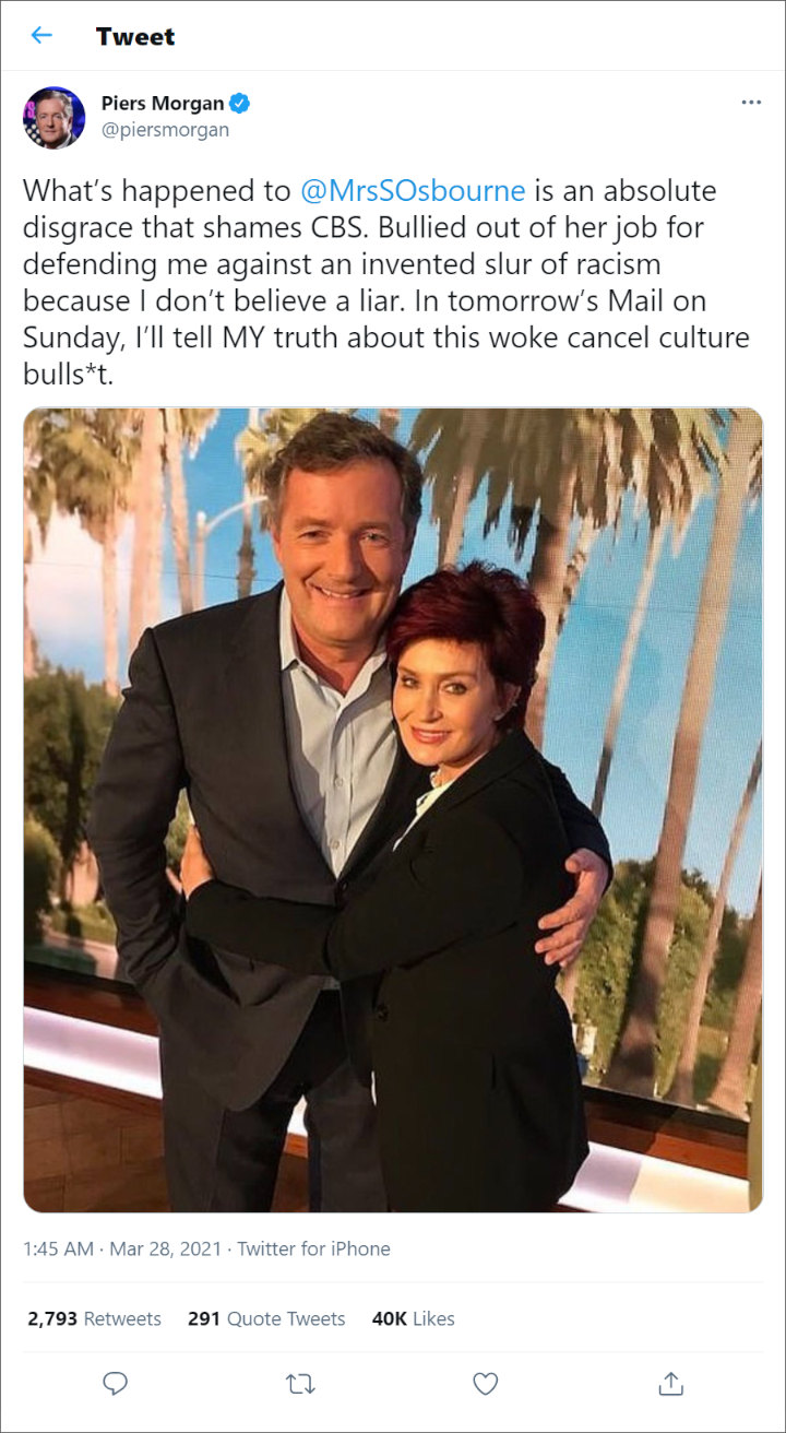 Piers Morgan defended Sharon Osbourne
