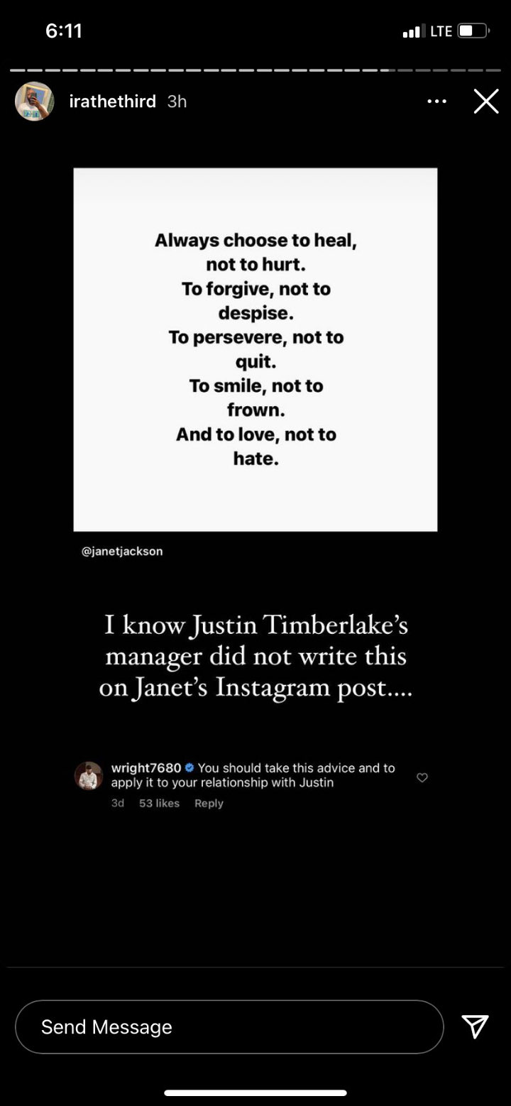 Johnny Wright's Comment on Janet Jackson's IG Story