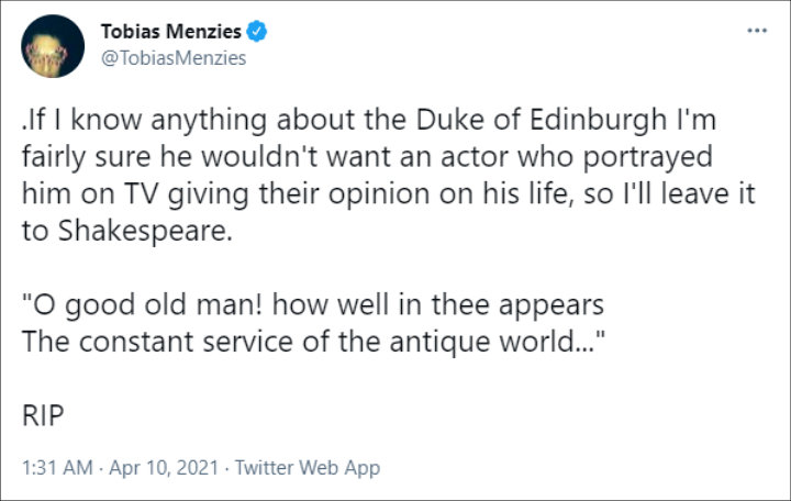 Tobias Menzies paid tribute to Prince Philip