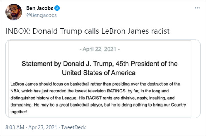 Donald Trump criticized LeBron James over his racist rants