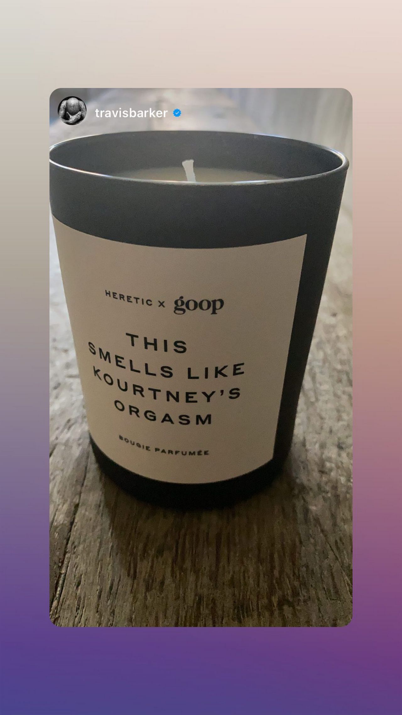 Travis Barker shows This Smells Like Kourtney's Orgasm candle