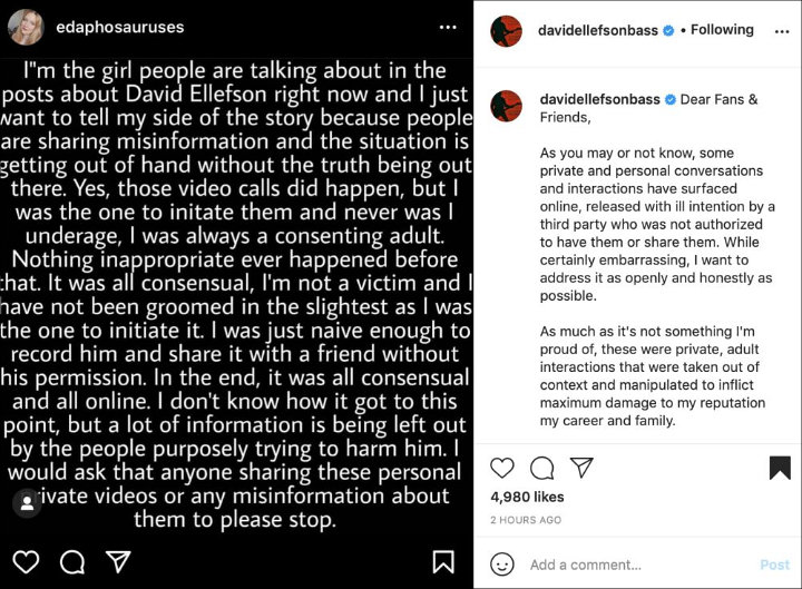 The woman involved in David Ellefson's leaked sex photos and videos spoke out