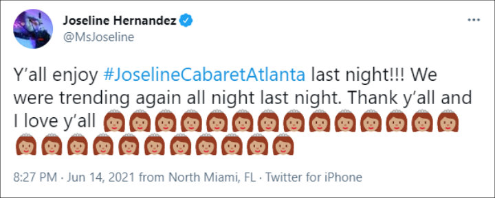 Joseline Hernandez thanked fans for making her show trending