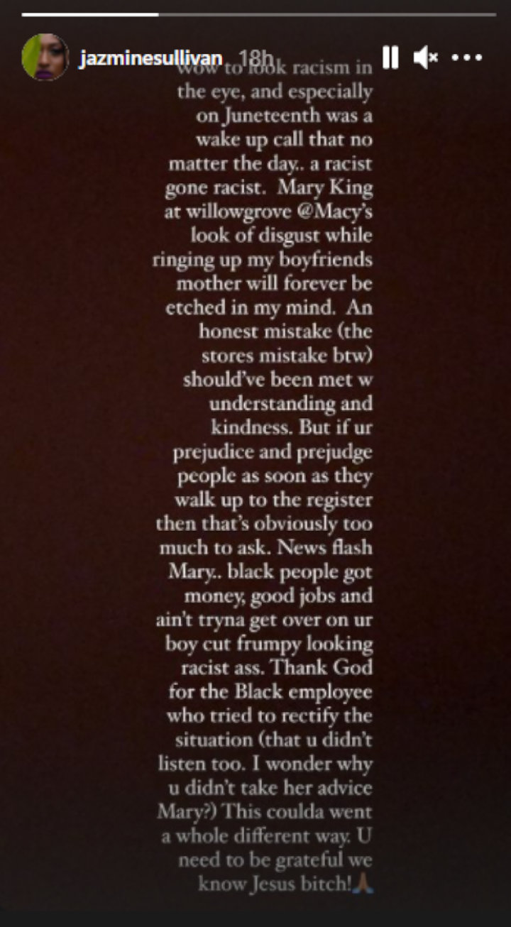 Jazmine Sullivan detailed racism she faced at Macy's