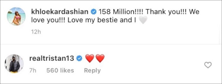 Tristan commented Khloe's IG post