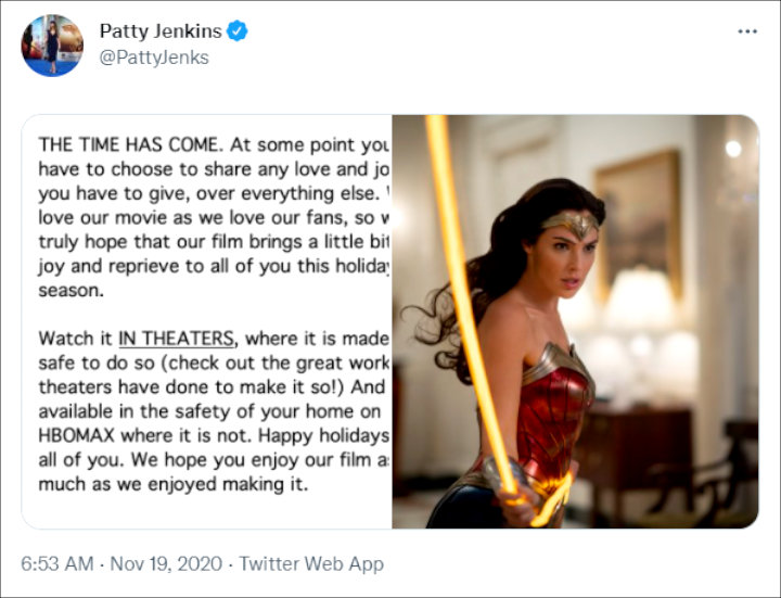 Patty Jenkins' Twitter Post
