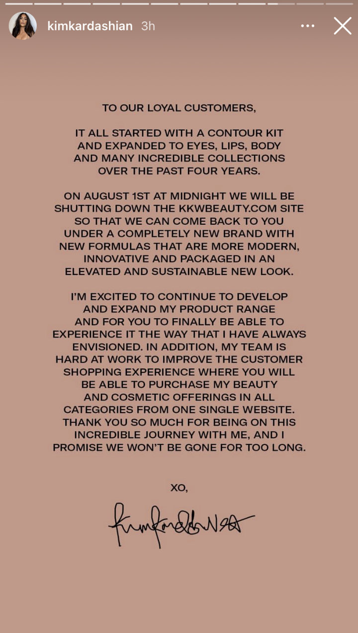 Kim Kardashian announced temporary shut down on KKW Beauty