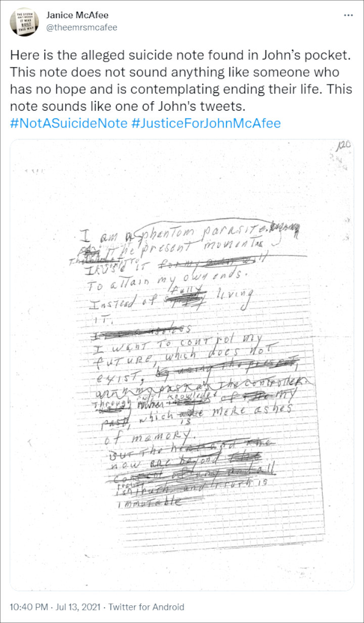 John McAfee's alleged suicide note