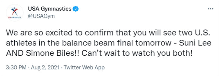 USA Gymnastics Team's Tweet