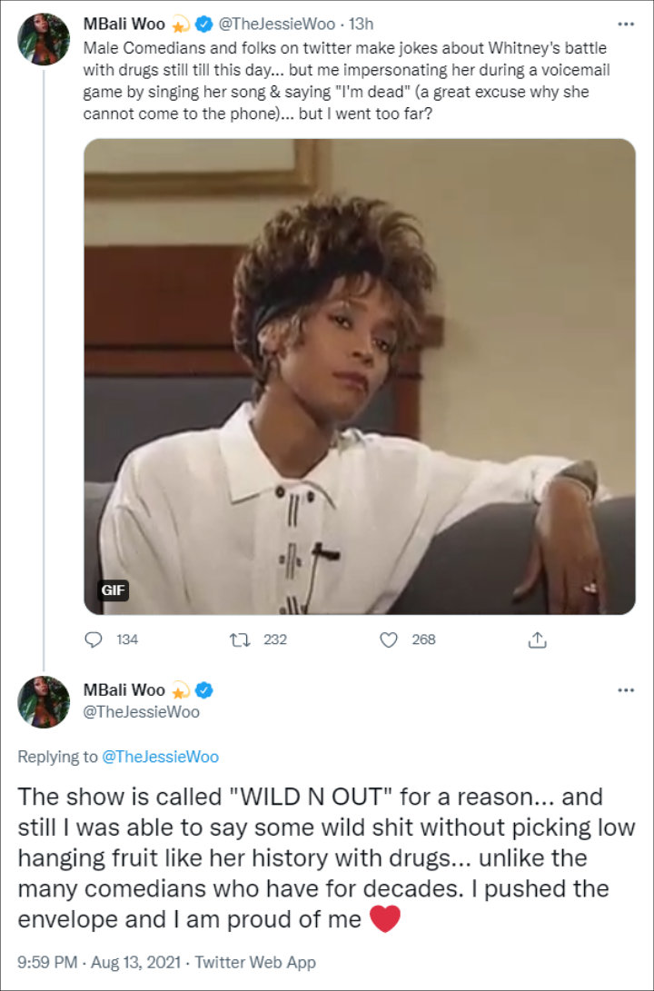Jessie Woo defended herself over Whitney Houston joke