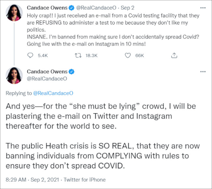 Candace Owens claimed she's banned from taking COVID-19