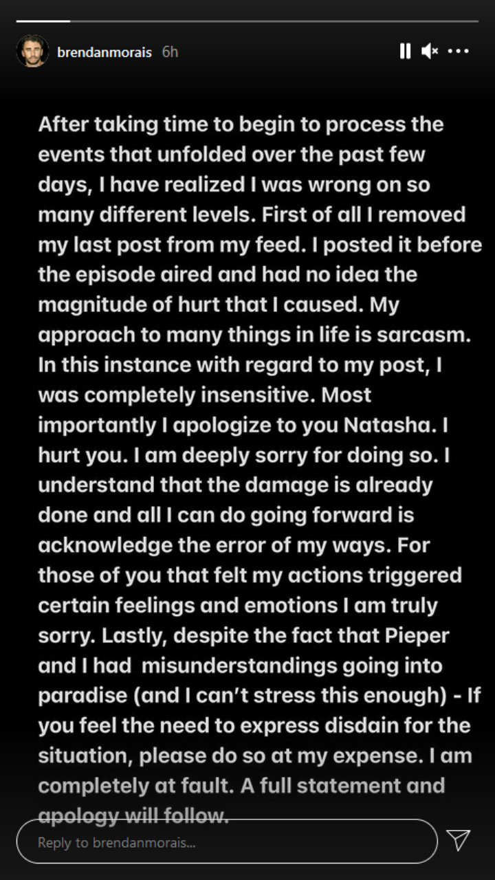 Brendan Morais shared a lengthy apology following BiP drama