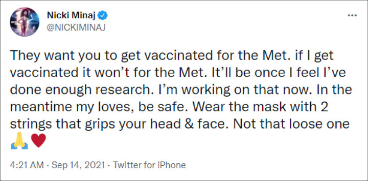 Nicki refused to get vaccinated for the Met Gala