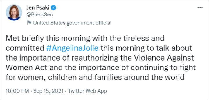 Jen Psaki met Angelina Jolie to discuss the Violence Against Women Act
