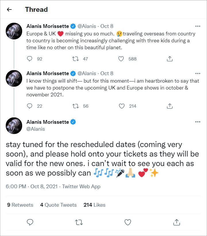 Alanis Morissette has postponed her U.K. and European tour dates