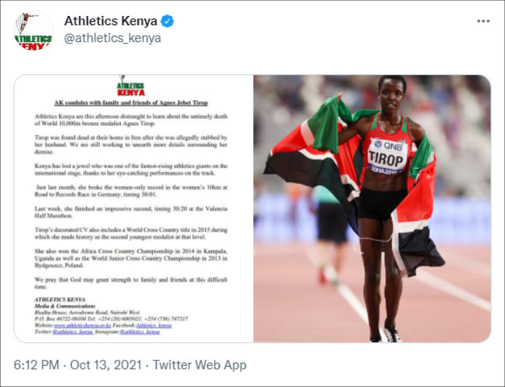 Athletics Kenya's Statement on Agnes Tirop's Death