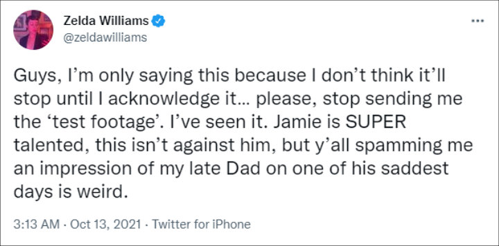 Zelda Williams asked fans to stop spamming her with impersonation video