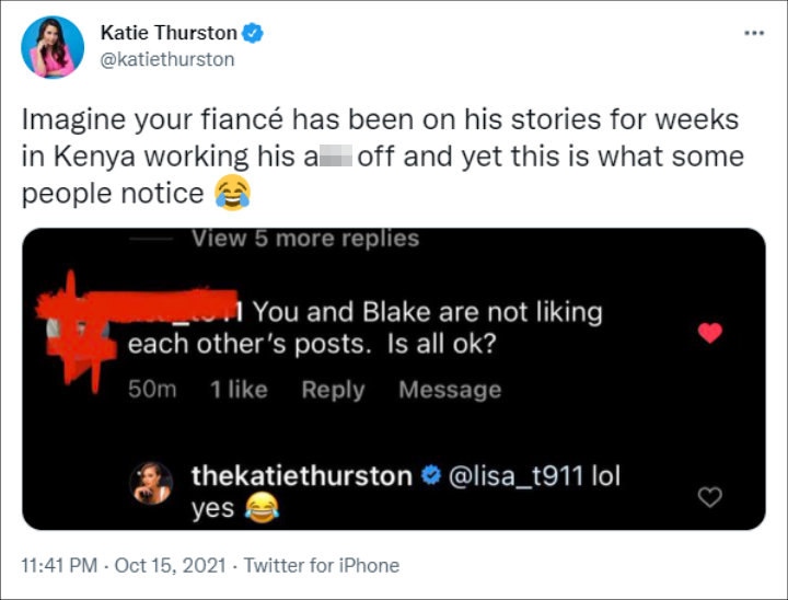 Katie Thurston shut down a fan's speculation about her and Blake Moynes' relationship