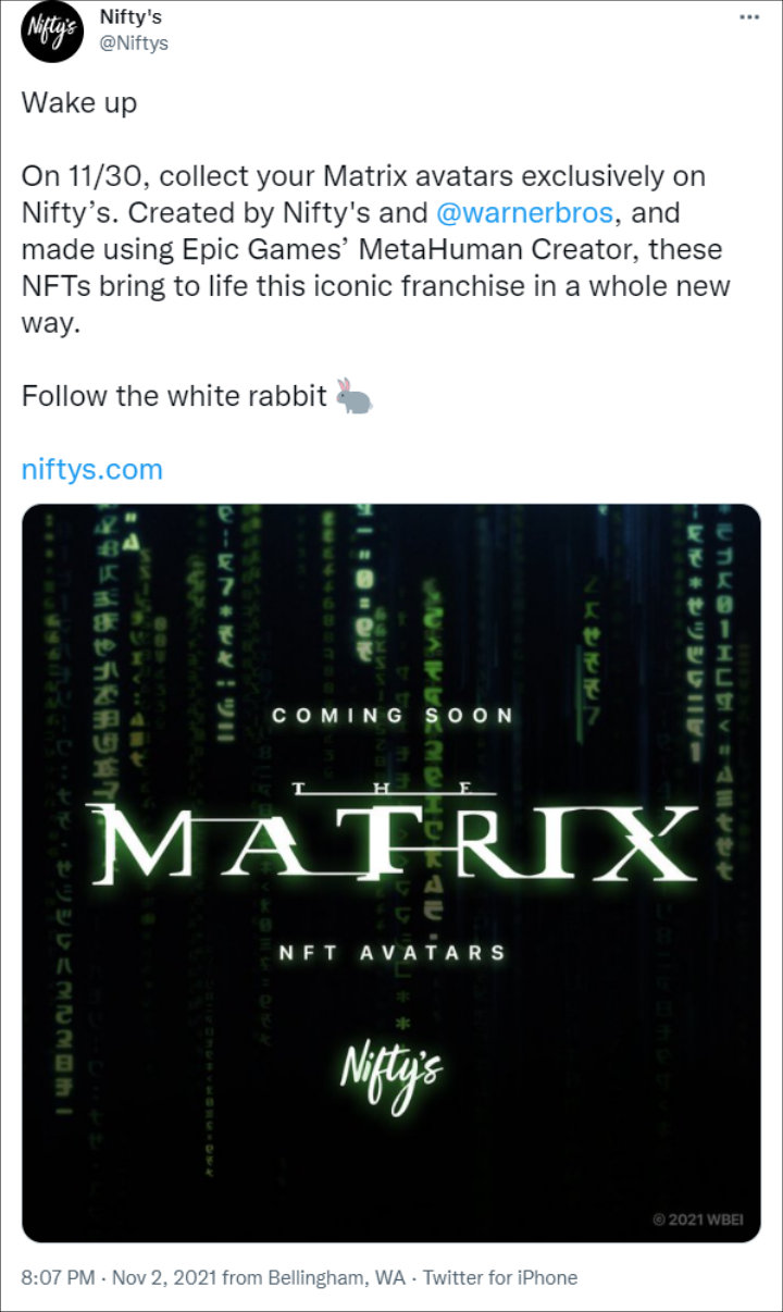the Matrix: Resurrections shared details of its NFTs