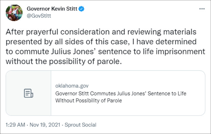 Oklahoma Governor Kevin Stitt has canceled Julius Jones' execution
