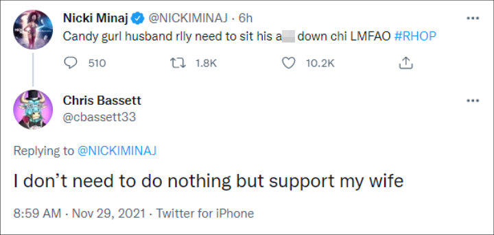 Candiace Dillard's husband Chris Bassett clapped back at Nicki Minaj