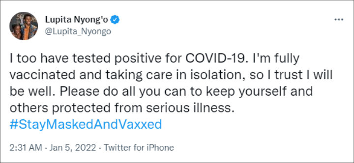 Lupita Nyong'o shared she tested positive for COVID