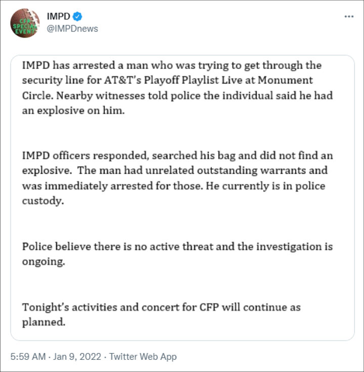 The IMPD addressed the bomb threat in a statement
