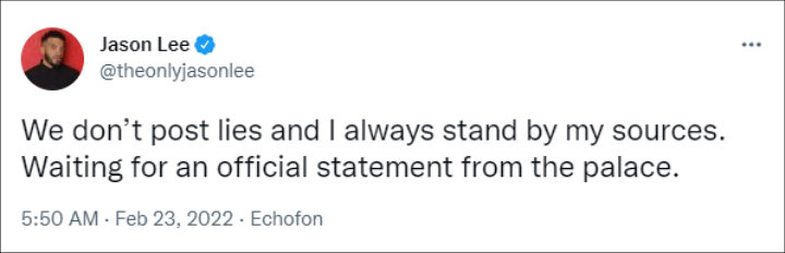 Jason Lee's Tweet