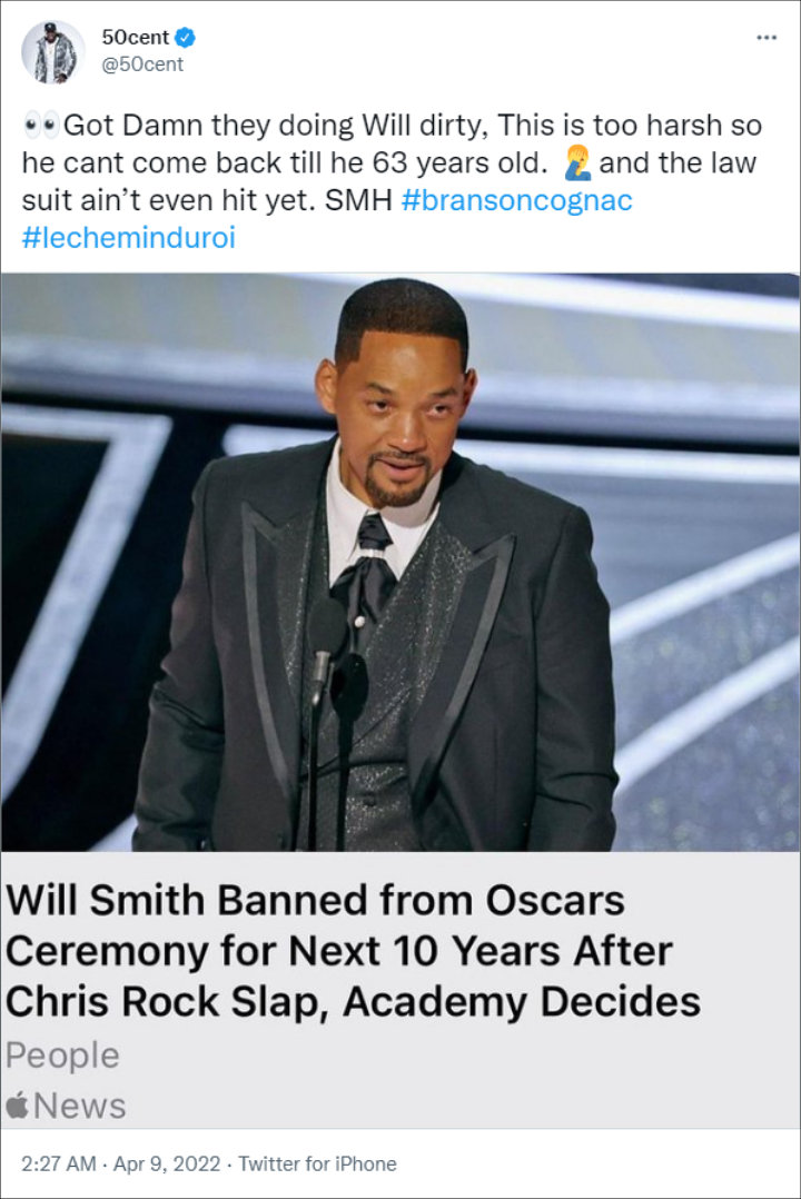 50 Cent on Will Smith Oscars ban