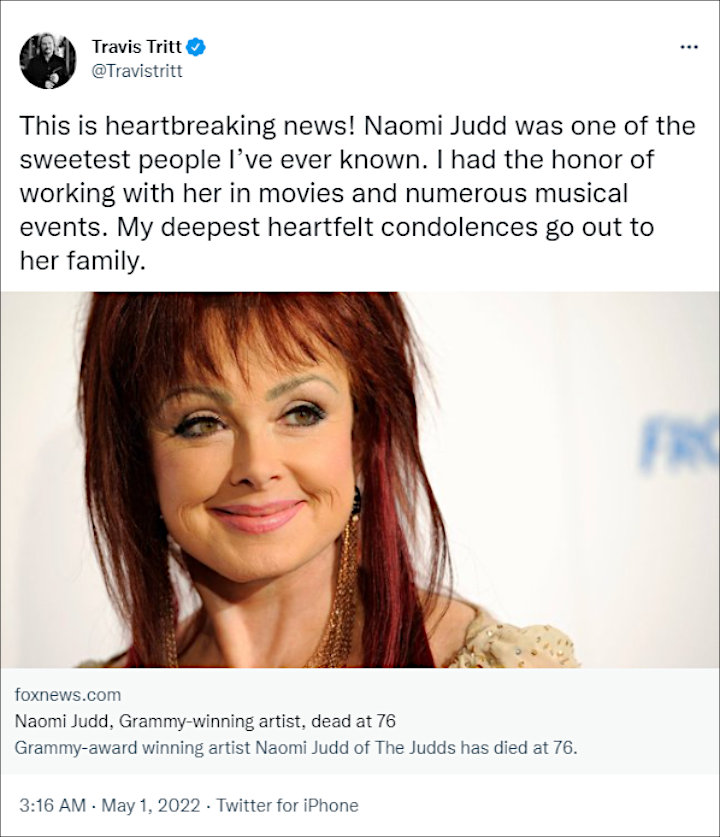 Travis Tritt called Naomi's death heartbreaking