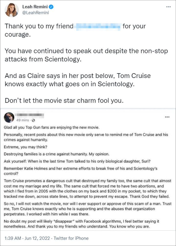 Leah Remini blasted Tom Cruise