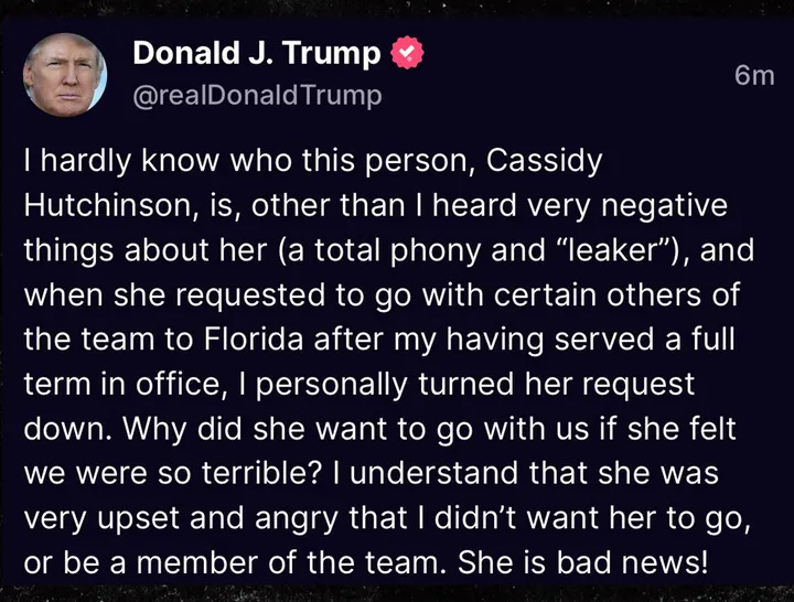 Donald Trump's Response to Cassidy Hutchinson's Testimony