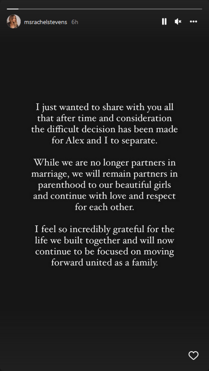 Rachel Stevens announced her split from Alex Bourne