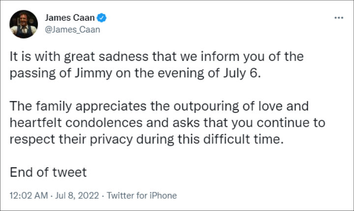 James Caan's family via Twitter