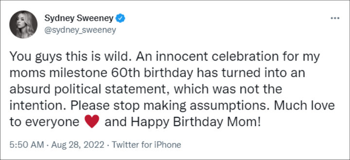 Sydney Sweeney's tweet
