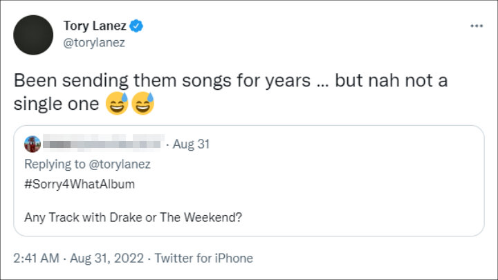 Tory Lanez's tweet