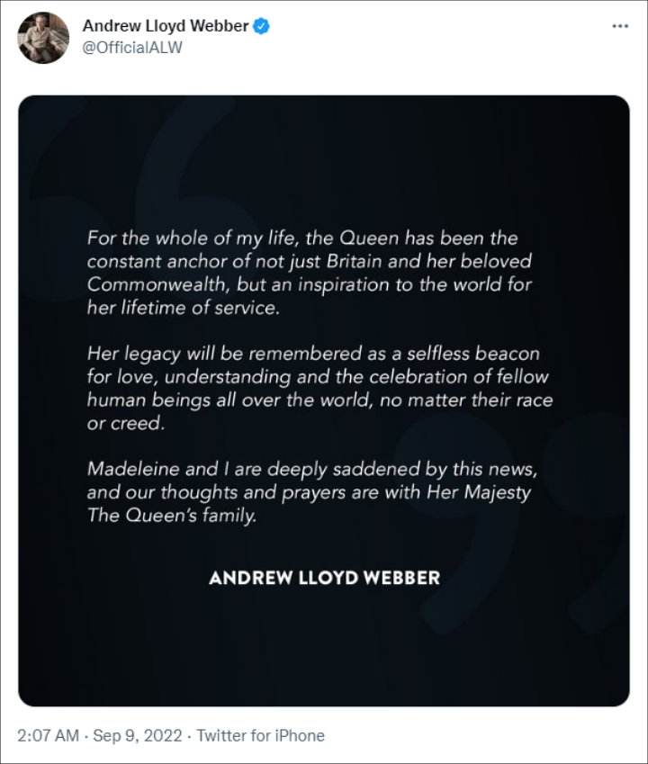 Andrew Lloyd Webber's tweet