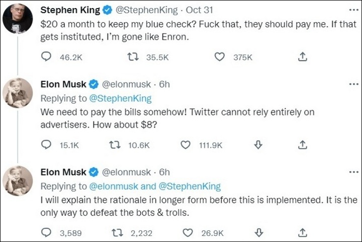 Elon Musk and Stephen King's Twitter exchange