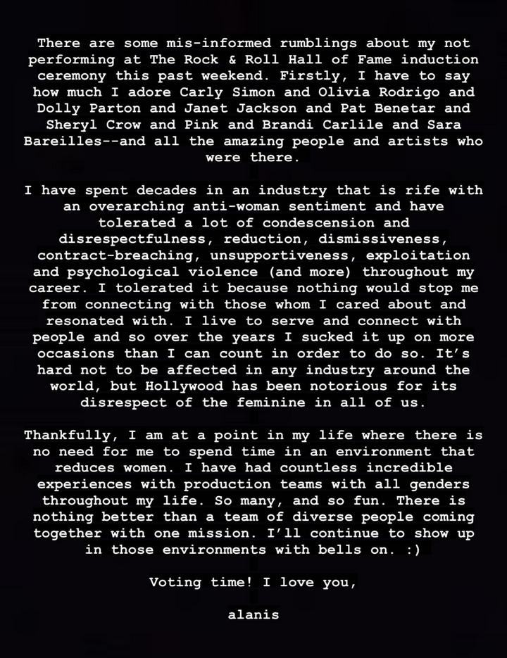 Alanis Morisette calls out Rock and Roll Fame of Fame