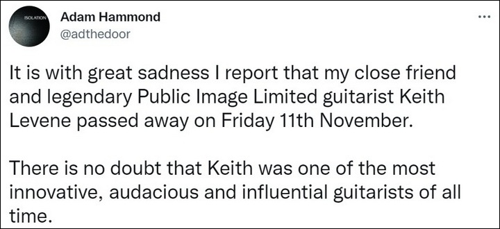 Adam Hammond broke Keith Levene's death