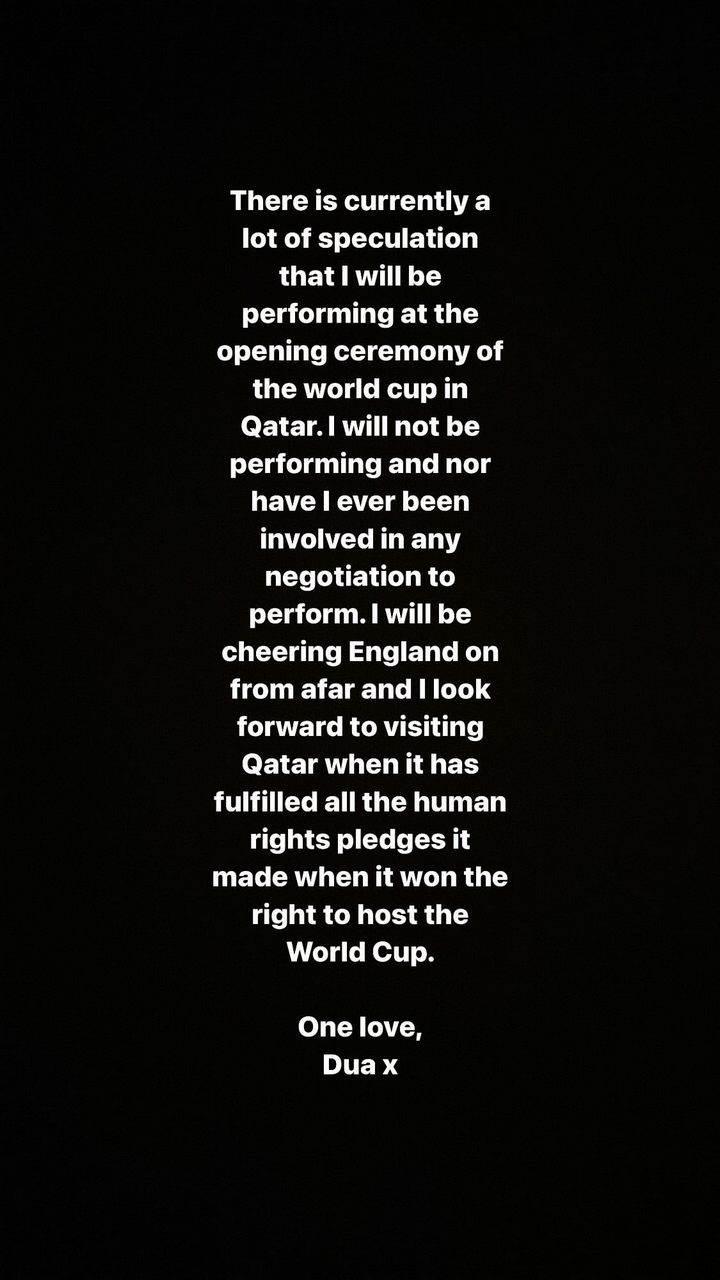 Dua Lipa denied Qatar World Cup show