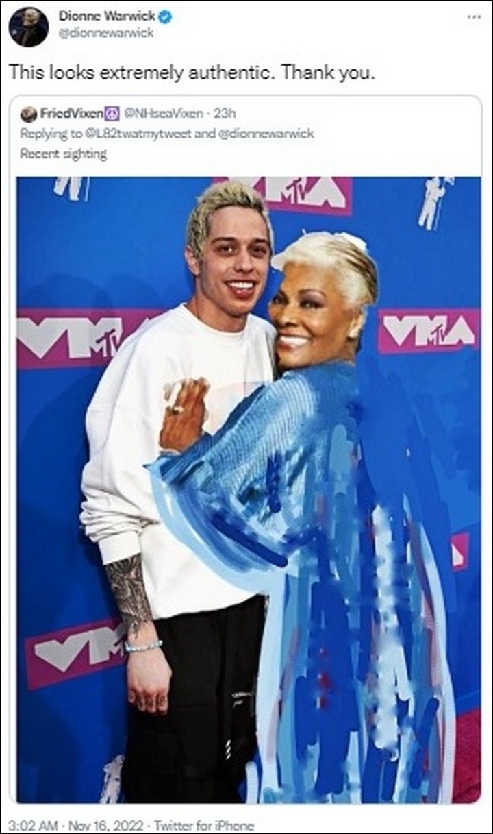 Dionne Warwick jokingly reacts to Pete Davidson dating Emily Ratajkowski