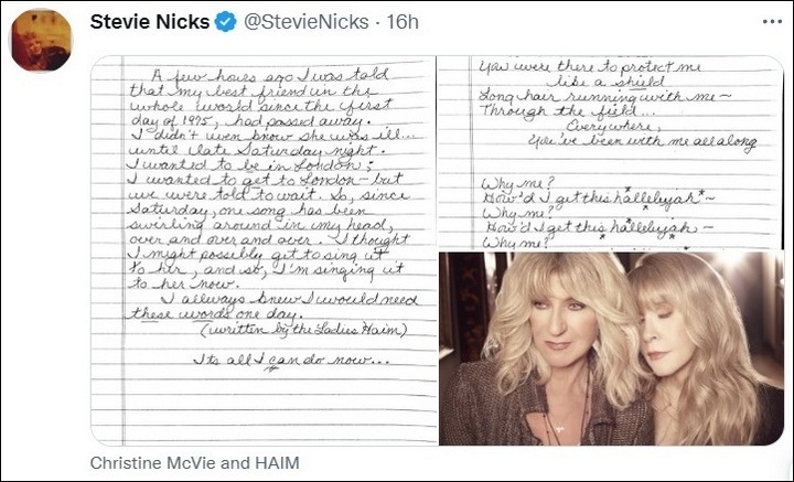 Stevie Nicks pays tribute to Christine McVie